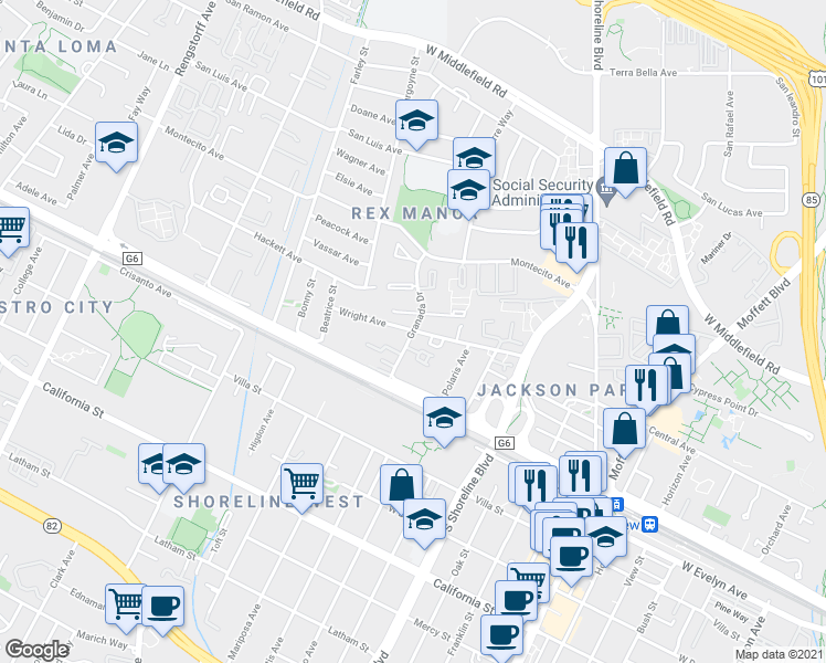 map of restaurants, bars, coffee shops, grocery stores, and more near Wright Avenue & Granada Drive in Mountain View
