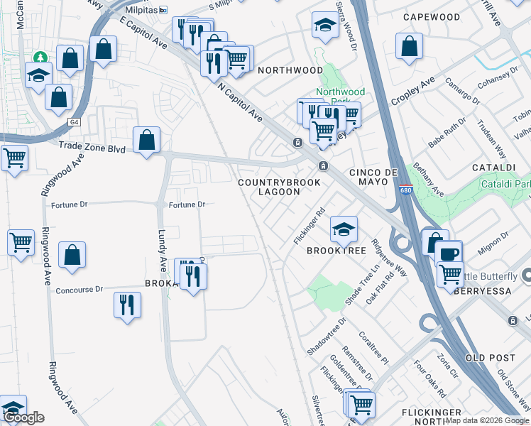 map of restaurants, bars, coffee shops, grocery stores, and more near 1915 North Star Circle in San Jose