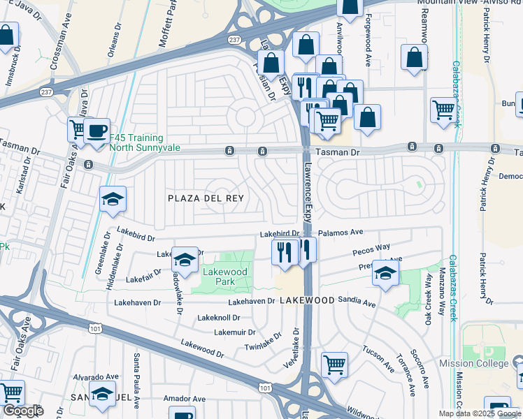 map of restaurants, bars, coffee shops, grocery stores, and more near 1225 Vienna Drive in Sunnyvale