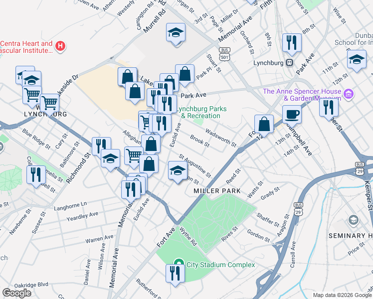 map of restaurants, bars, coffee shops, grocery stores, and more near 895 Brook Street in Lynchburg