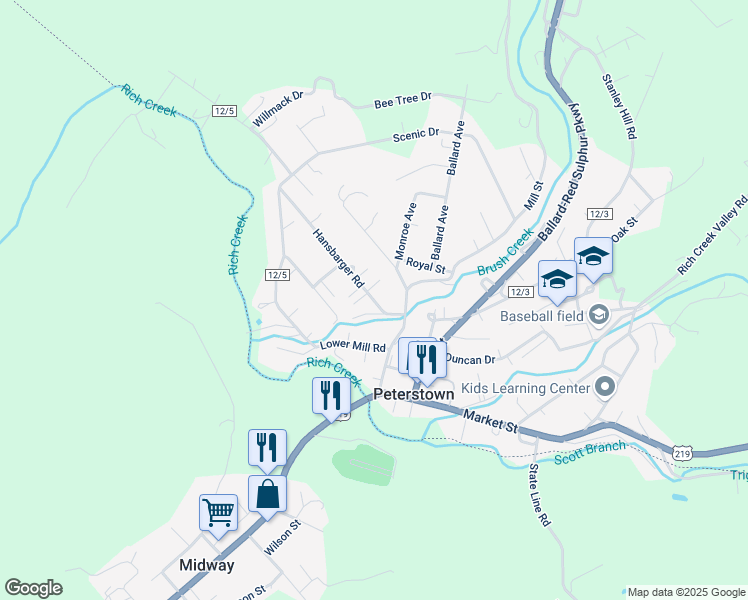 map of restaurants, bars, coffee shops, grocery stores, and more near Hansbarger Road in Peterstown