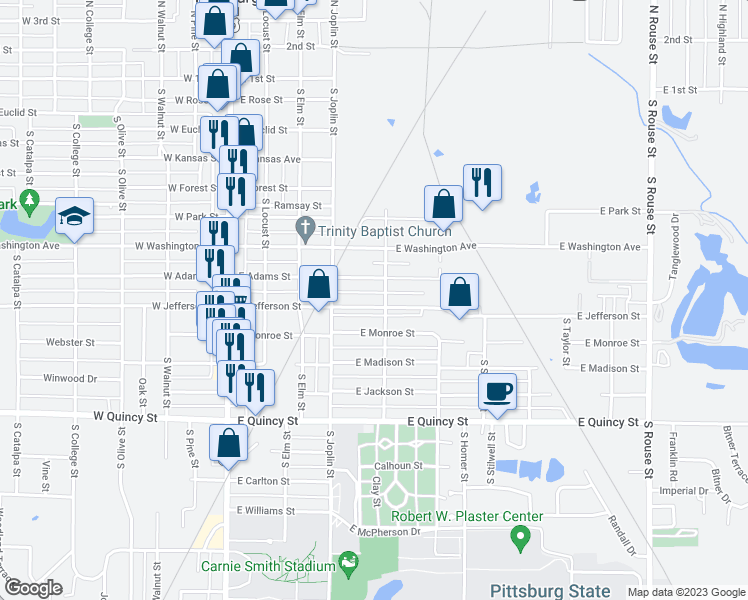 map of restaurants, bars, coffee shops, grocery stores, and more near 419 East Jefferson Street in Pittsburg