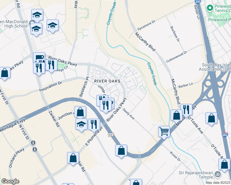 map of restaurants, bars, coffee shops, grocery stores, and more near 425 Navaro Way in San Jose