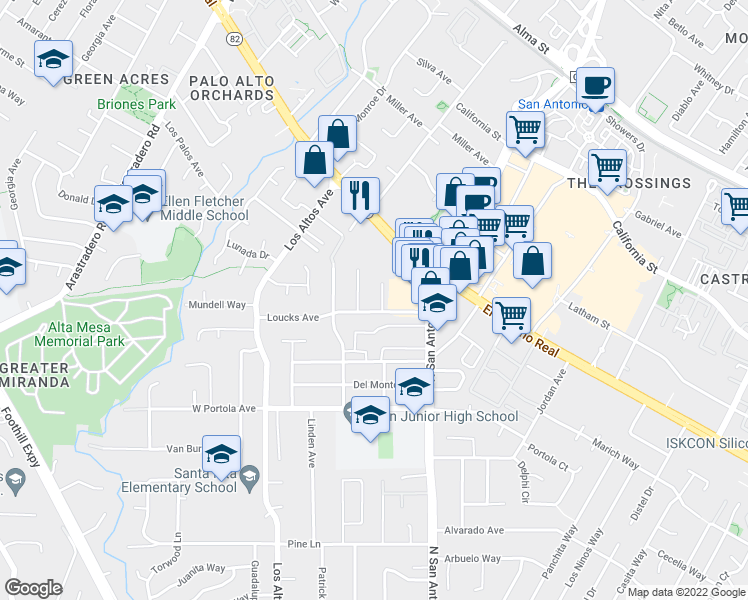 map of restaurants, bars, coffee shops, grocery stores, and more near 1030 Rilma Lane in Los Altos