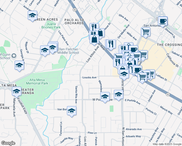 map of restaurants, bars, coffee shops, grocery stores, and more near 1020 Vía Del Pozo in Los Altos