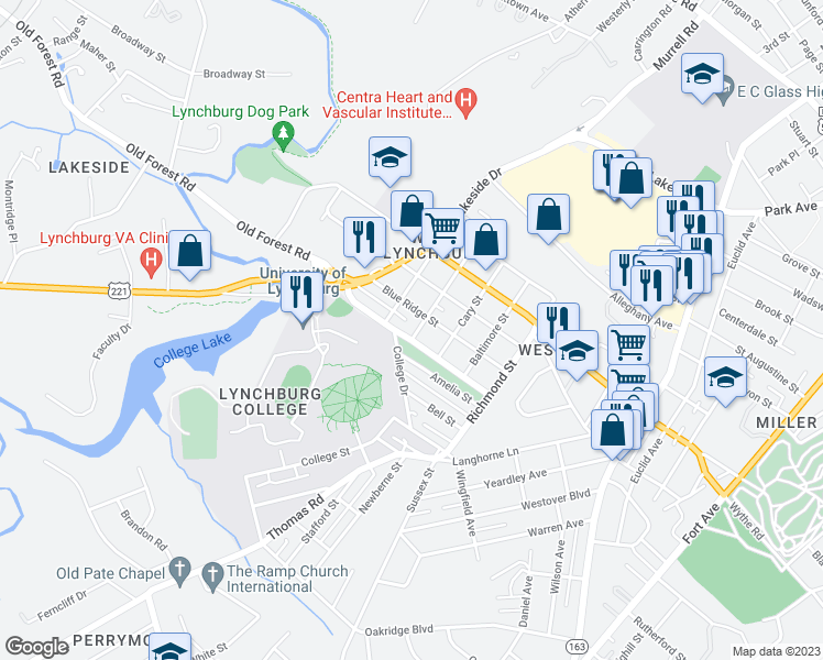 map of restaurants, bars, coffee shops, grocery stores, and more near 303 Macon Street in Lynchburg
