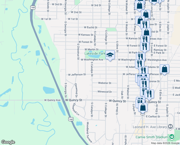 map of restaurants, bars, coffee shops, grocery stores, and more near 710 South Catalpa Street in Pittsburg