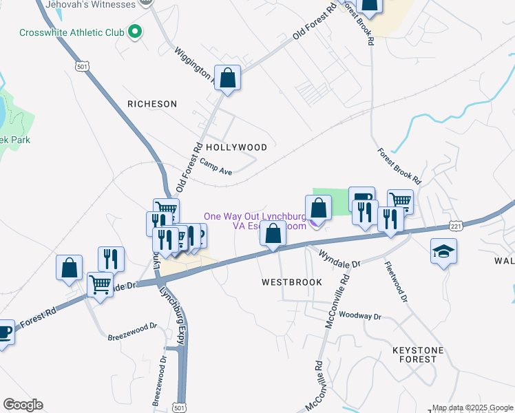 map of restaurants, bars, coffee shops, grocery stores, and more near 235 Countryplace Lane in Lynchburg