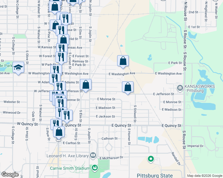 map of restaurants, bars, coffee shops, grocery stores, and more near 502 East Adams Street in Pittsburg