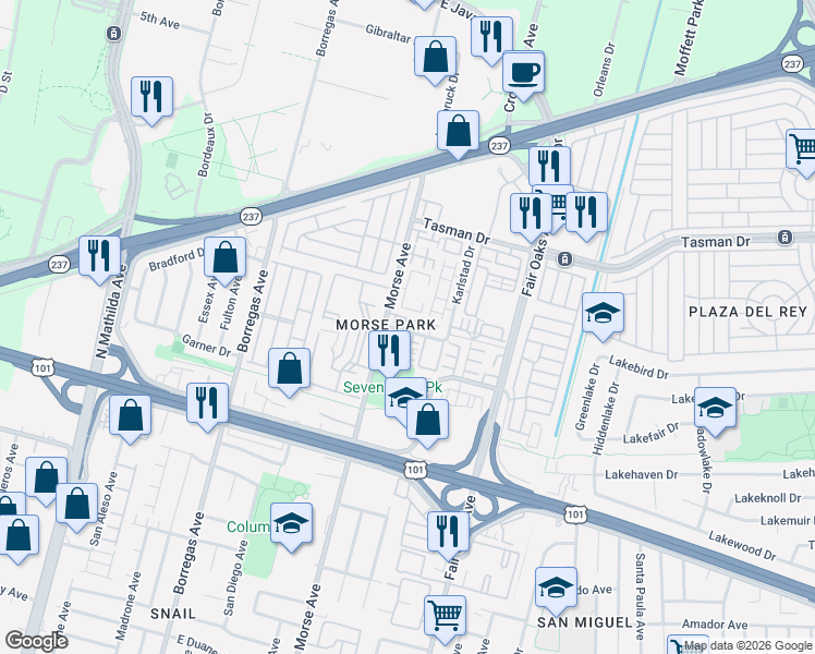 map of restaurants, bars, coffee shops, grocery stores, and more near 1081 Interlaken Terrace in Sunnyvale