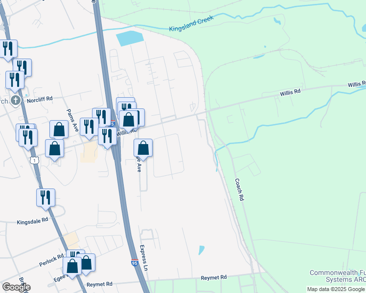 map of restaurants, bars, coffee shops, grocery stores, and more near 9325 Carroll Lane in Richmond