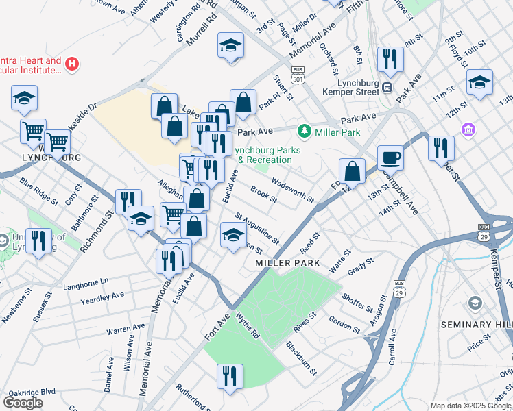 map of restaurants, bars, coffee shops, grocery stores, and more near 820 Centerdale Street in Lynchburg