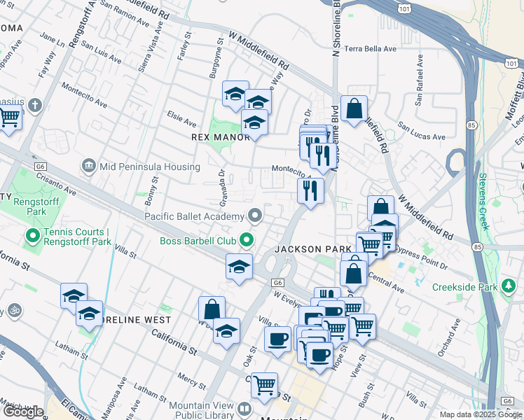 map of restaurants, bars, coffee shops, grocery stores, and more near 420 Mountain Laurel Court in Mountain View