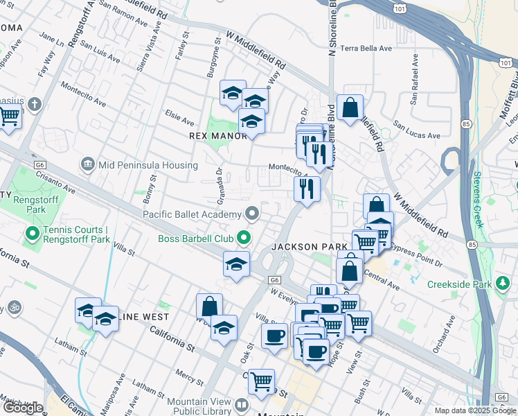map of restaurants, bars, coffee shops, grocery stores, and more near 420 Mountain Laurel Court in Mountain View