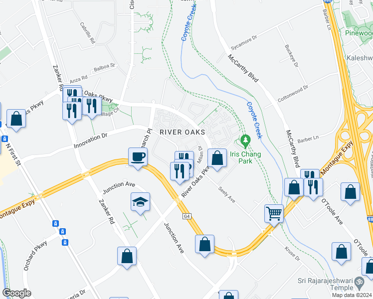 map of restaurants, bars, coffee shops, grocery stores, and more near 430 Navaro Place in San Jose
