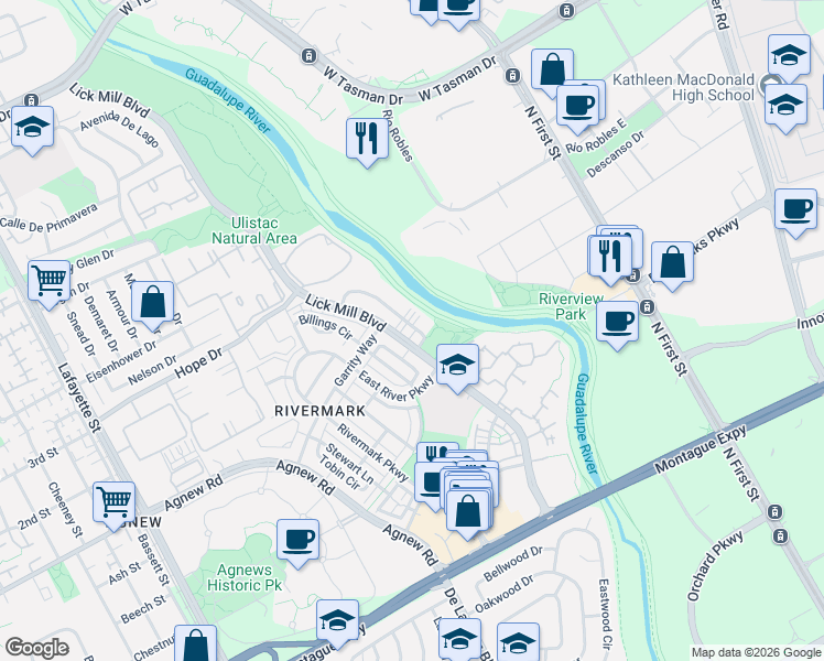 map of restaurants, bars, coffee shops, grocery stores, and more near 4407 Laird Circle in Santa Clara