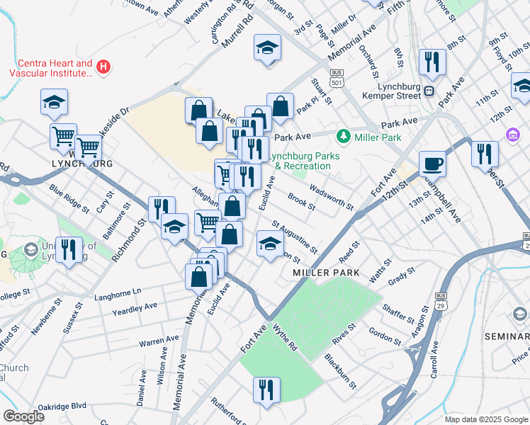 map of restaurants, bars, coffee shops, grocery stores, and more near 312 Euclid Avenue in Lynchburg