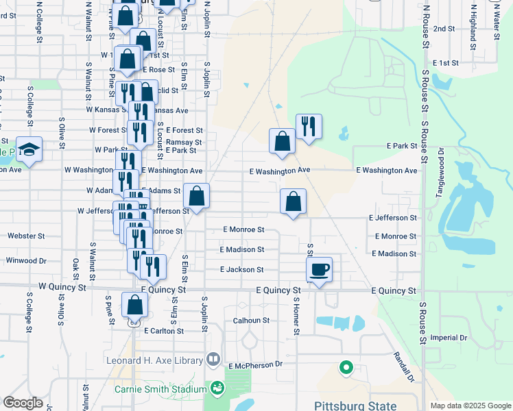 map of restaurants, bars, coffee shops, grocery stores, and more near 502 East Adams Street in Pittsburg