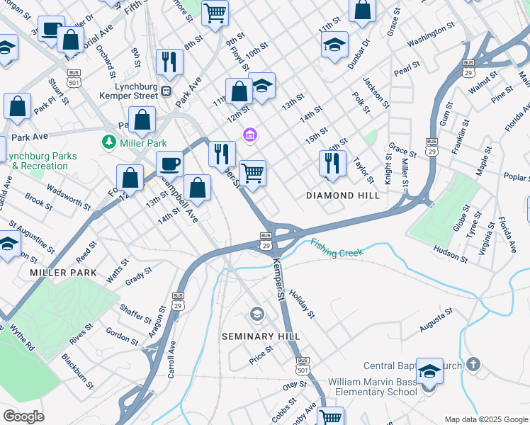 map of restaurants, bars, coffee shops, grocery stores, and more near 1608 Kemper Street in Lynchburg