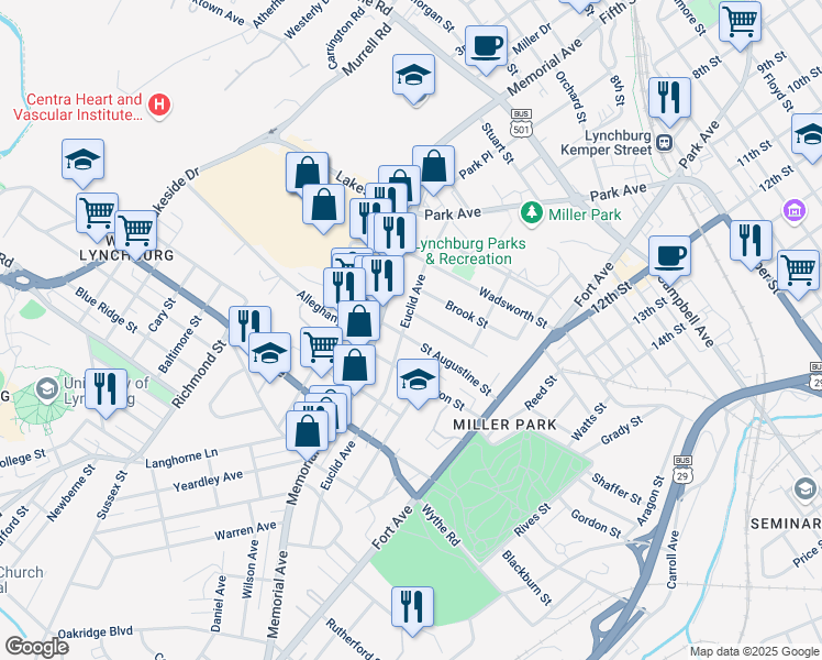 map of restaurants, bars, coffee shops, grocery stores, and more near 312 Euclid Avenue in Lynchburg