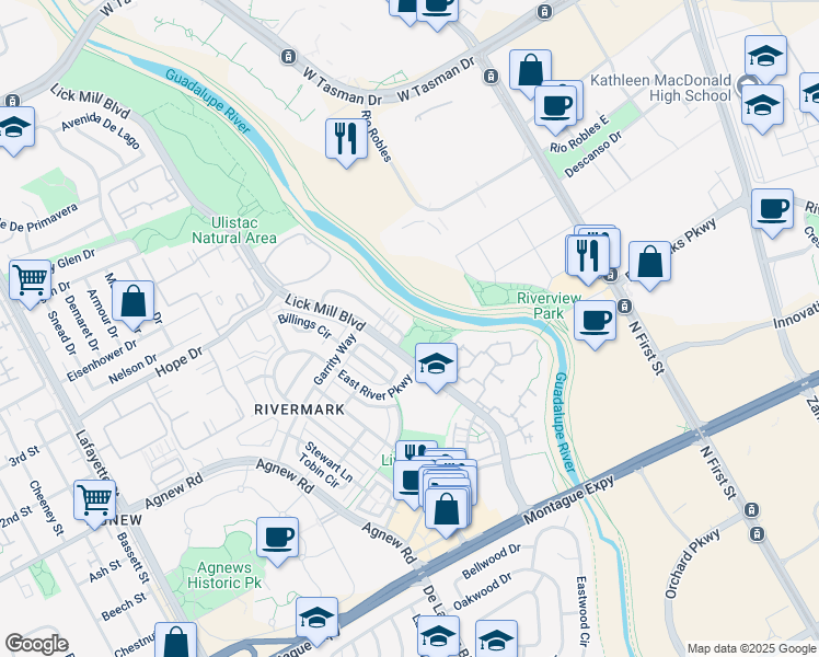 map of restaurants, bars, coffee shops, grocery stores, and more near 4365 Laird Circle in Santa Clara