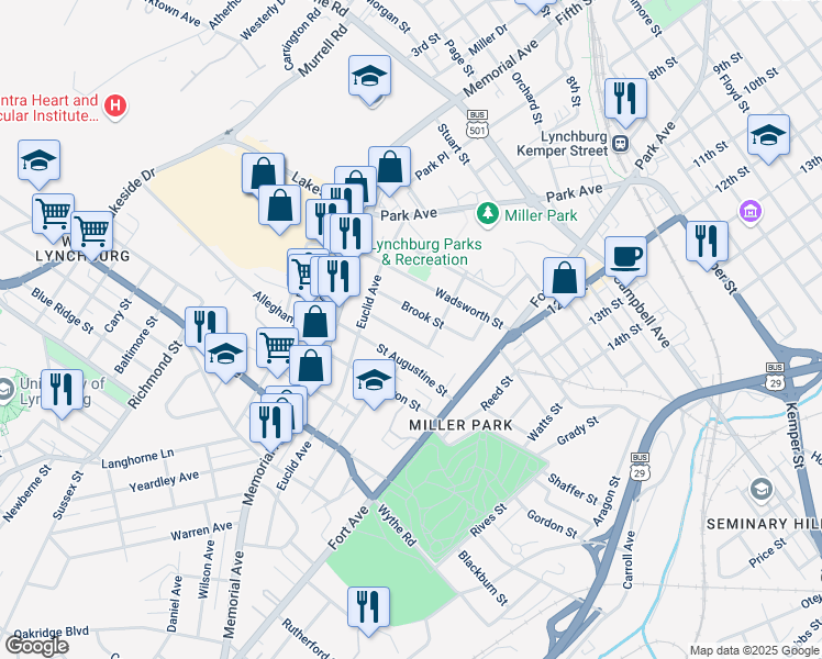 map of restaurants, bars, coffee shops, grocery stores, and more near 820 Centerdale Street in Lynchburg