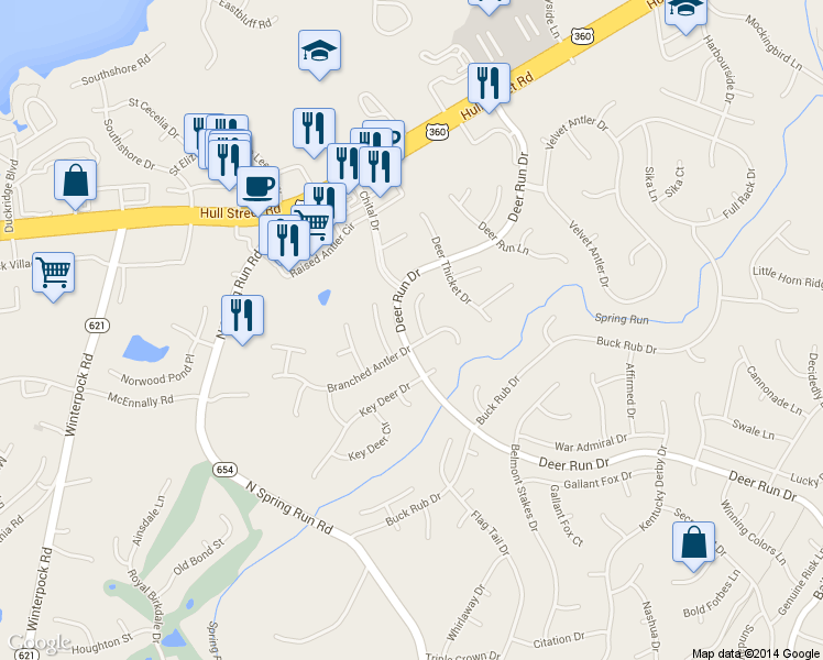 map of restaurants, bars, coffee shops, grocery stores, and more near 7114 Branched Antler Circle in Midlothian