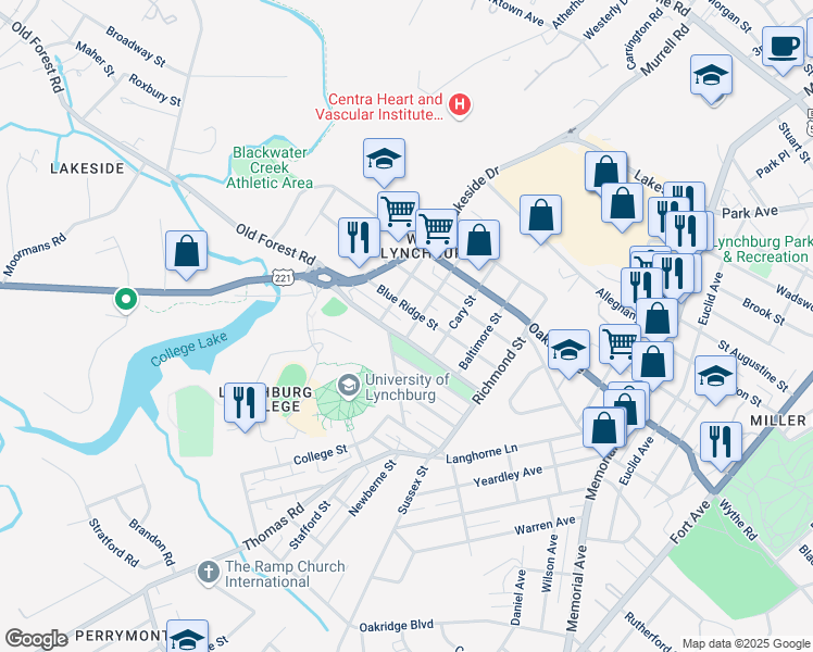 map of restaurants, bars, coffee shops, grocery stores, and more near 301 Macon Street in Lynchburg