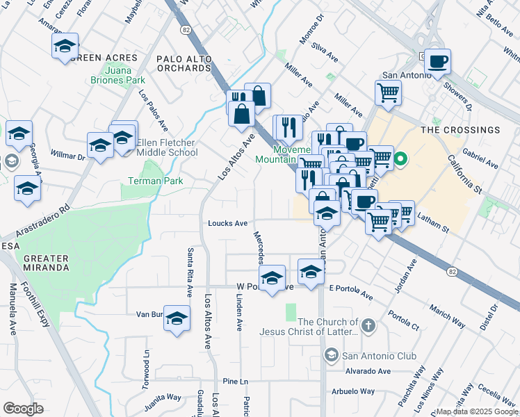 map of restaurants, bars, coffee shops, grocery stores, and more near 1023 Mercedes Avenue in Los Altos