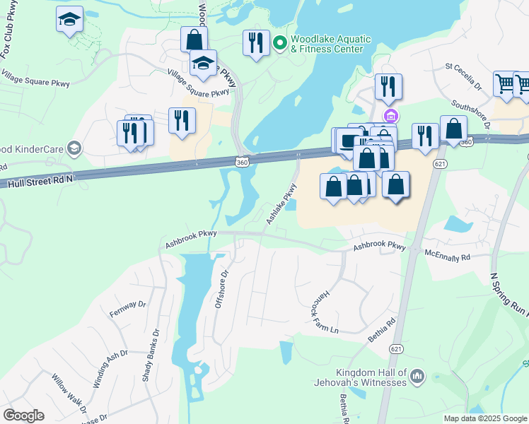 map of restaurants, bars, coffee shops, grocery stores, and more near 7420 Ashlake Parkway in Chesterfield
