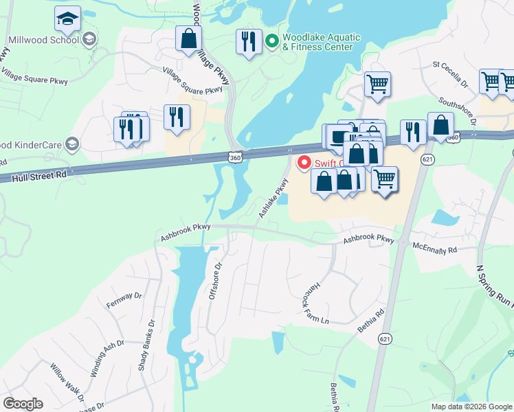 map of restaurants, bars, coffee shops, grocery stores, and more near 7420 Ashlake Parkway in Chesterfield