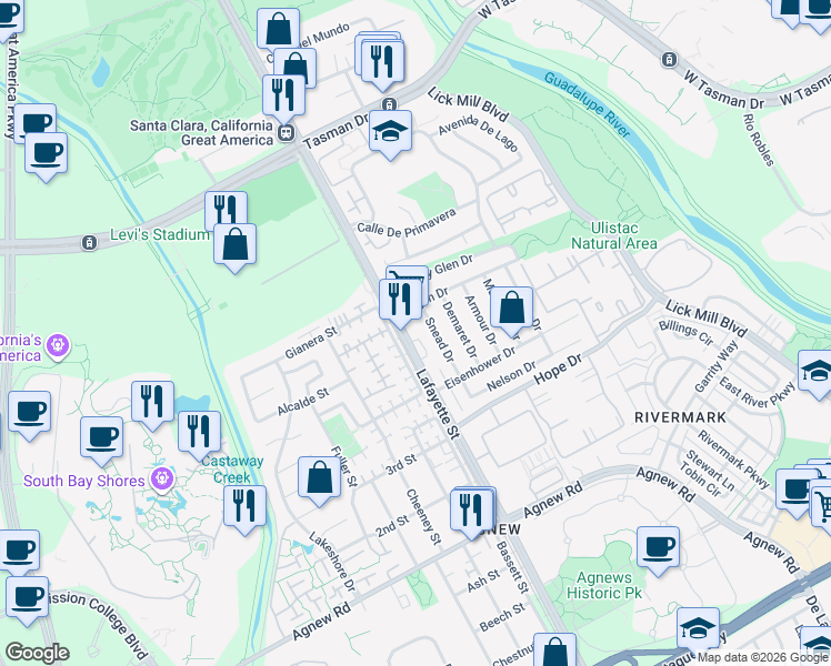 map of restaurants, bars, coffee shops, grocery stores, and more near 4712 Snead Drive in Santa Clara
