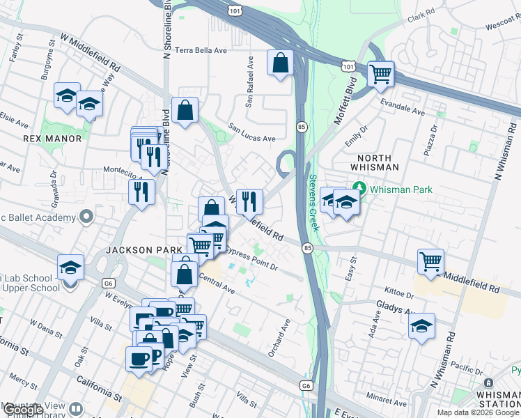 map of restaurants, bars, coffee shops, grocery stores, and more near in Mountain View