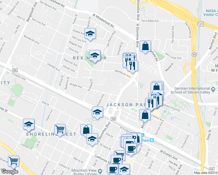 map of restaurants, bars, coffee shops, grocery stores, and more near 444 Mountain Laurel Court in Mountain View