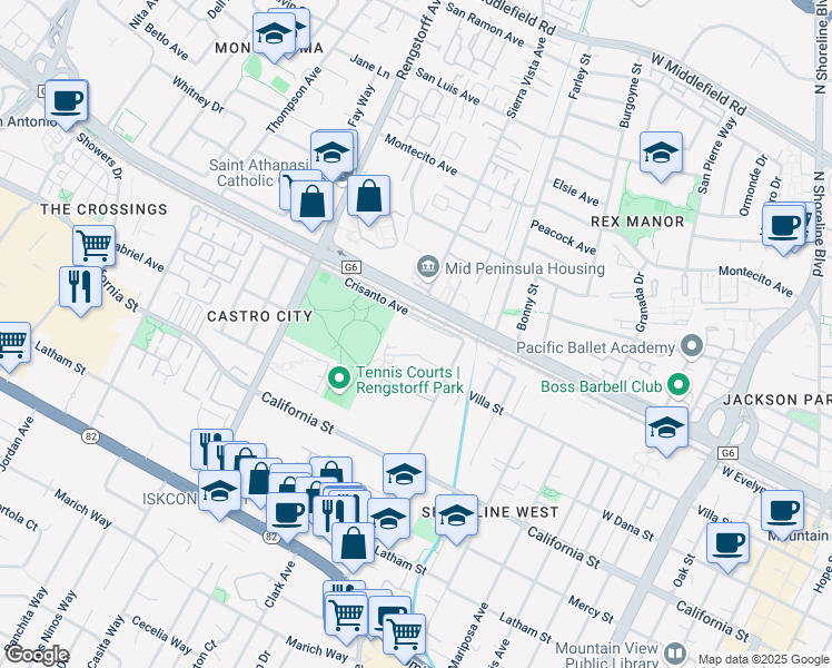 map of restaurants, bars, coffee shops, grocery stores, and more near 1929 Crisanto Avenue in Mountain View