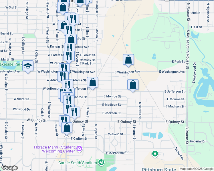 map of restaurants, bars, coffee shops, grocery stores, and more near 406 East Adams Street in Pittsburg