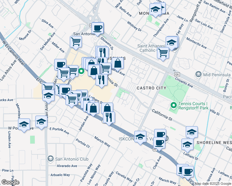 map of restaurants, bars, coffee shops, grocery stores, and more near 410 Ortega Avenue in Mountain View