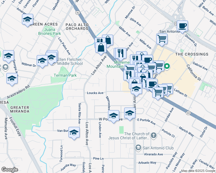 map of restaurants, bars, coffee shops, grocery stores, and more near 1023 Mercedes Avenue in Los Altos