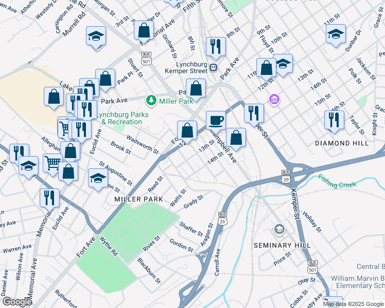 map of restaurants, bars, coffee shops, grocery stores, and more near 1221 Tilden Avenue in Lynchburg
