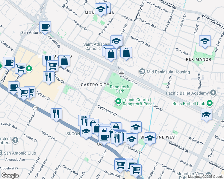 map of restaurants, bars, coffee shops, grocery stores, and more near 201 South Rengstorff Avenue in Mountain View