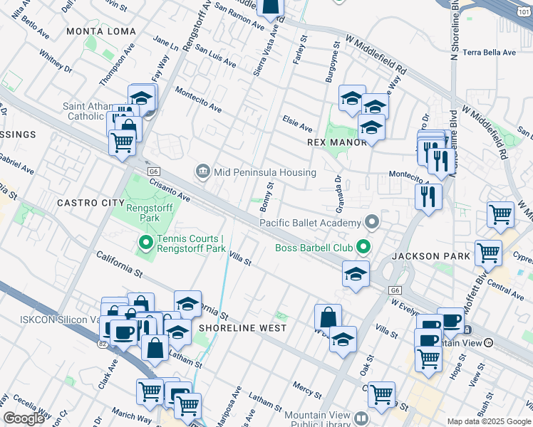 map of restaurants, bars, coffee shops, grocery stores, and more near 153 Bonny Street in Mountain View