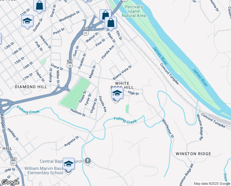 map of restaurants, bars, coffee shops, grocery stores, and more near 2400 Luck Street in Lynchburg
