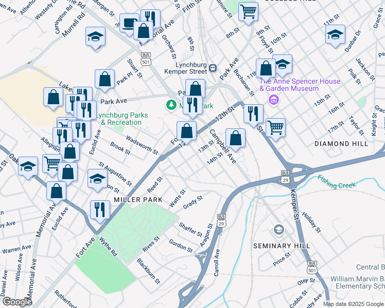 map of restaurants, bars, coffee shops, grocery stores, and more near 1221 Tilden Avenue in Lynchburg