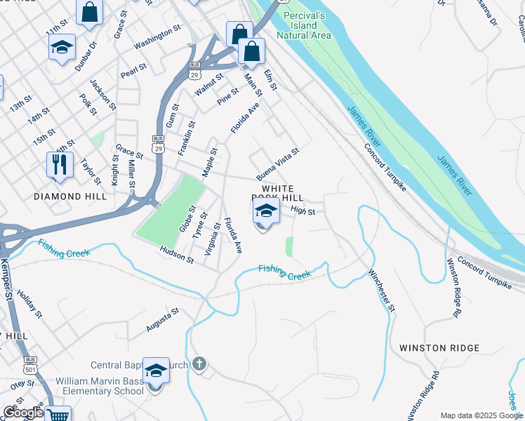 map of restaurants, bars, coffee shops, grocery stores, and more near 2400 Luck Street in Lynchburg
