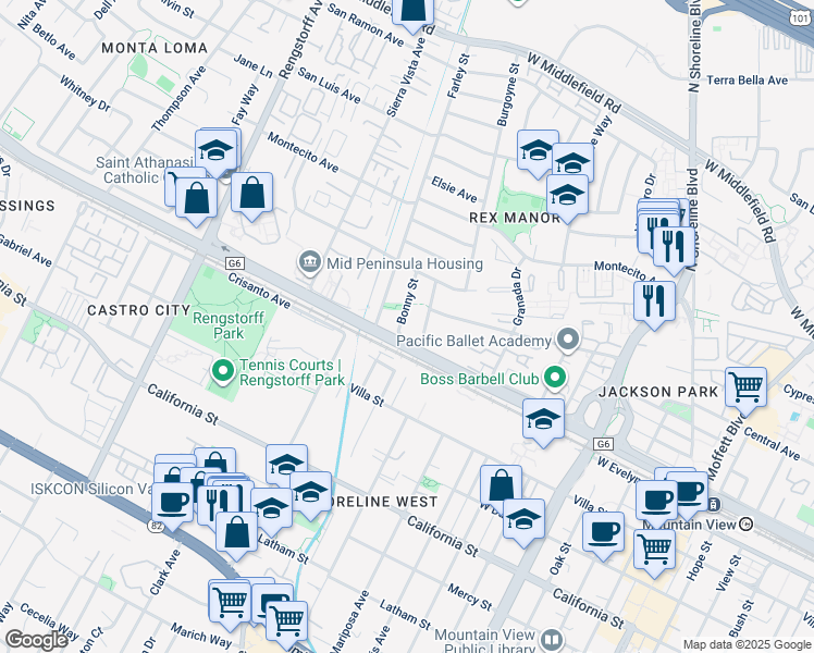 map of restaurants, bars, coffee shops, grocery stores, and more near 153 Bonny Street in Mountain View