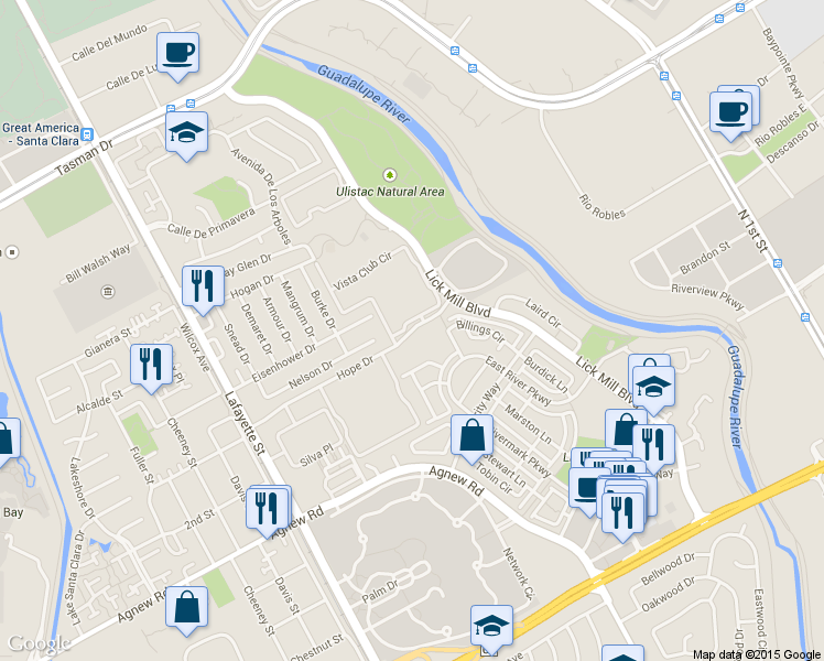map of restaurants, bars, coffee shops, grocery stores, and more near 1514 Vista Club Circle in Santa Clara