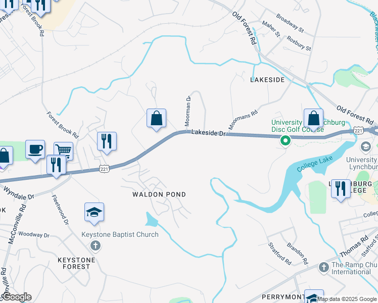 map of restaurants, bars, coffee shops, grocery stores, and more near 2009 Lakeside Drive in Lynchburg
