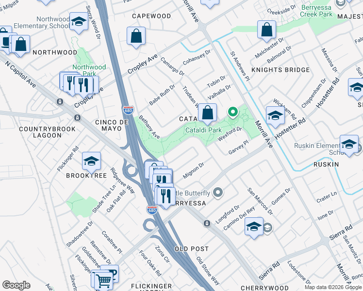 map of restaurants, bars, coffee shops, grocery stores, and more near 2907 Agua Vista Drive in San Jose