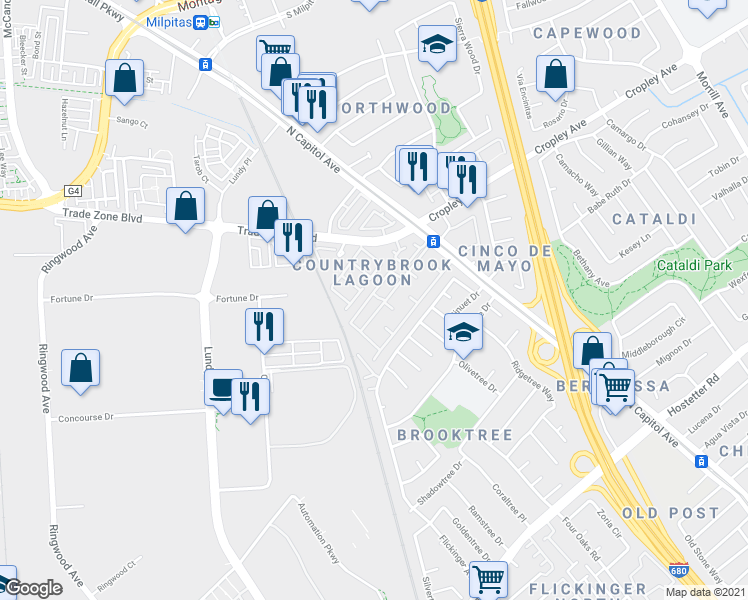 map of restaurants, bars, coffee shops, grocery stores, and more near 1946 Tradan Drive in San Jose