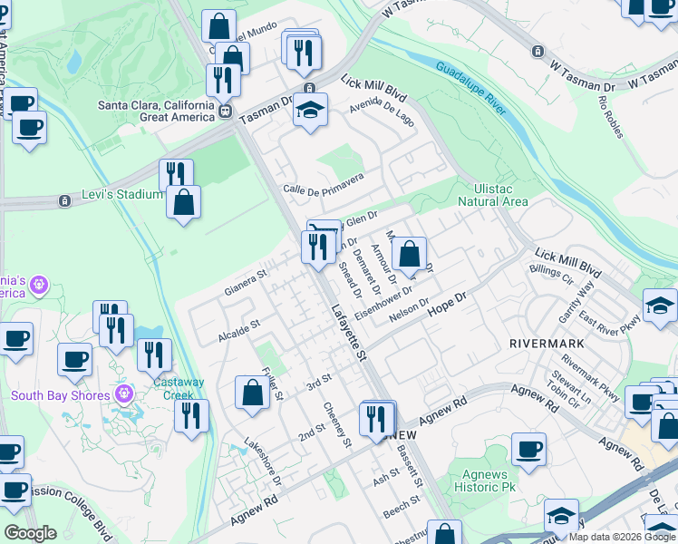 map of restaurants, bars, coffee shops, grocery stores, and more near 4712 Snead Drive in Santa Clara